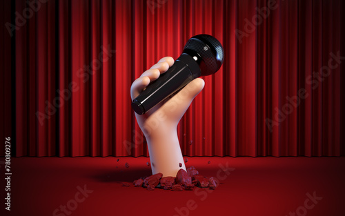 3d render, funny cartoon character elastic hand with mic. Broken floor on stage. Clip art isolated on red background