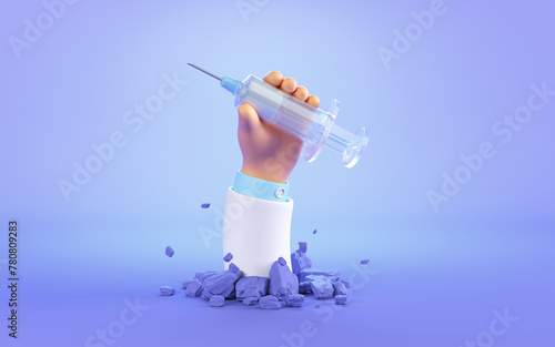 3D rendering, funny cartoon doctor character, flexible white hand with syringe, clipart isolated on white background. Virus vaccine metaphor