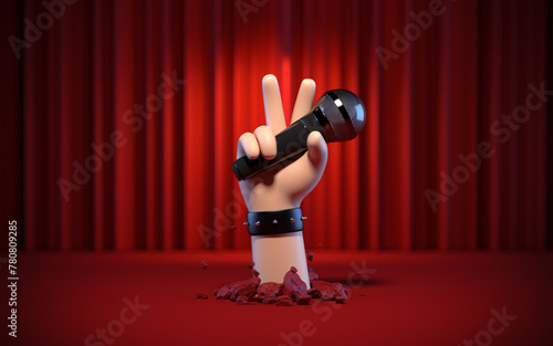 3d render, funny cartoon character elastic hand with mic. Broken floor on stage. Clip art isolated on red background