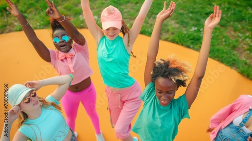 Diverse Group of Joyful Young Girls Celebrating Friendship Outdoors at Sunset © Ryzhkov