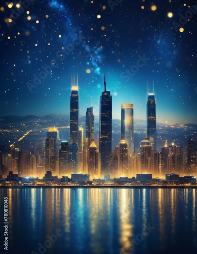 A captivating nightscape of illuminated skyscrapers against a star-studded sky reflecting over tranquil waters.