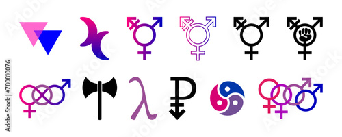 LGBT symbols, biangles and double moon for bisexuality, lambda sign. LGBT signs symbols set. Labrys for lesbian feminism, Pansexual sign. Interlocking gender symbol. Transgender, Transfeminist symbols