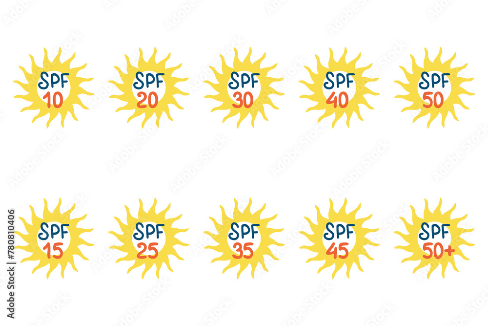 Spf sun protection factor icon set. Summer skin care concept. Hand drawn vector illustration for decor and design. Spf sun protection factor icon set. Summer skin care concept. Hand drawn vector illustration for decor and design.