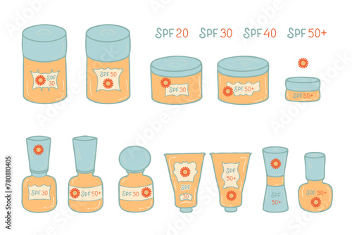 Hand drawn retro style sunscreen cosmetic jars collection. Summer skin care concept. Doodle vector illustration for decor and design.