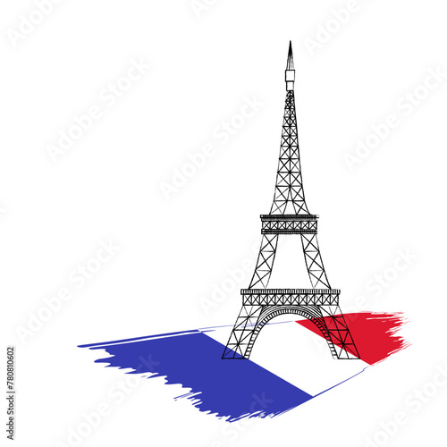 Eiffel tower with France flag. Hand drawn art vector illustration.