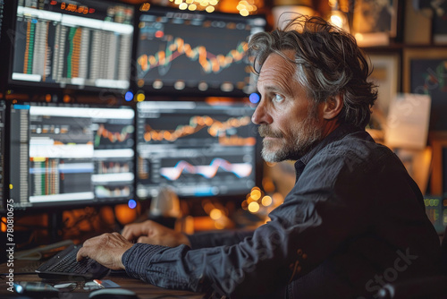 An investor, trader, middle-aged man carefully monitors financial charts on monitors. Concept of financial market, investment, stock exchange and stock trading. © Katerina Bond