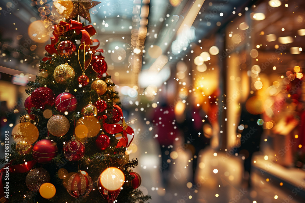 Festive Splendor in a Shopping Mall: A Captivating Christmas Tree Adorned with Sparkling Red and Gold Ornaments Festive Splendor in a Shopping Mall: A Captivating Christmas Tree Adorned with Sparkling Red and Gold Ornaments
