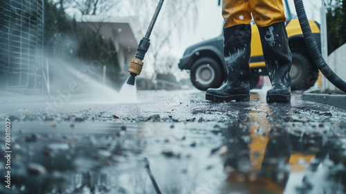 Close up of worker cleaning driveway with gasoline high pressure washer. High pressure deep cleaning. Professional cleaning services.
