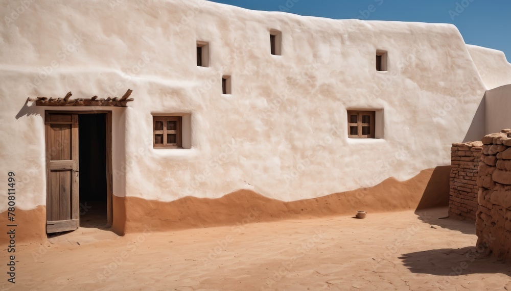 Traditional adobe architecture stands under a clear sky, illustrating desert life simplicity.