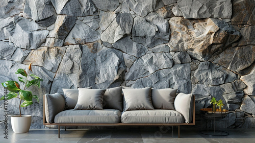 Cozy sofa on wild stone cladding wall background. rustic lounge area interior design. photo