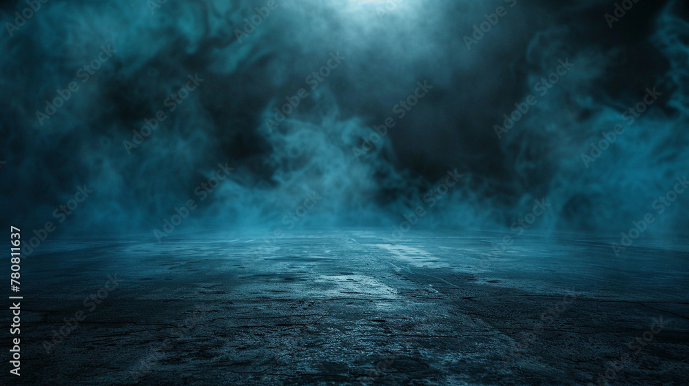 Dark street. asphalt abstract dark blue background. empty dark scene. neon light. spotlights The concrete floor and studio room with smoke float up the interior texture for display products