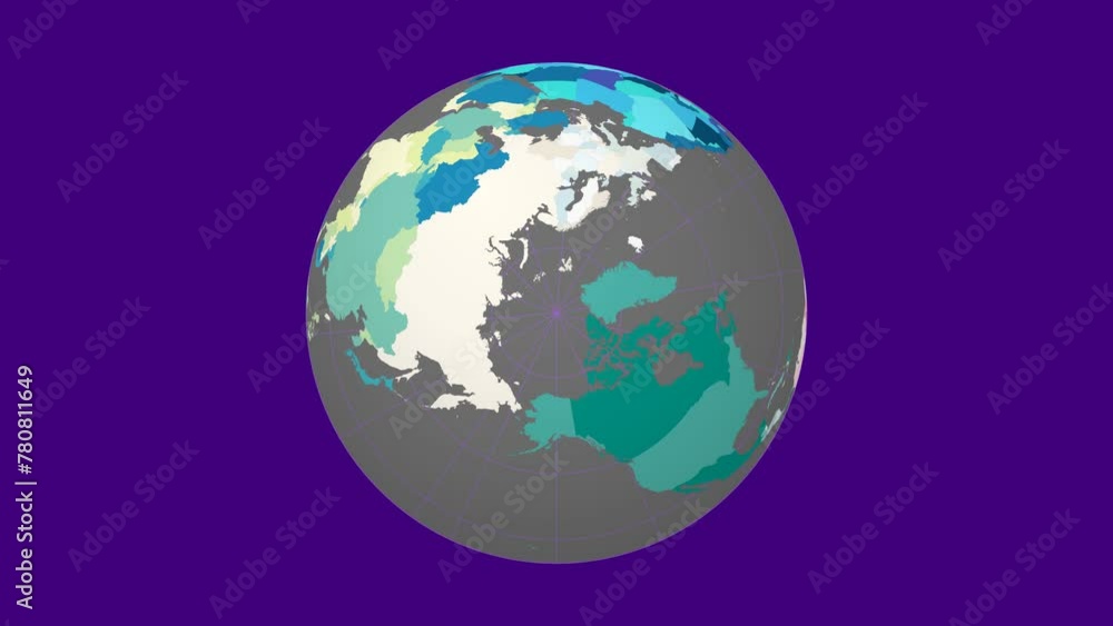 Rotating earth. North pole sphere view. Slow speed planet rotation. Colored countries style. World map with graticule lines on vibrant background. Classic animation. Rotating earth. North pole sphere view. Slow speed planet rotation. Colored countries style. World map with graticule lines on vibrant background. Classic animation.