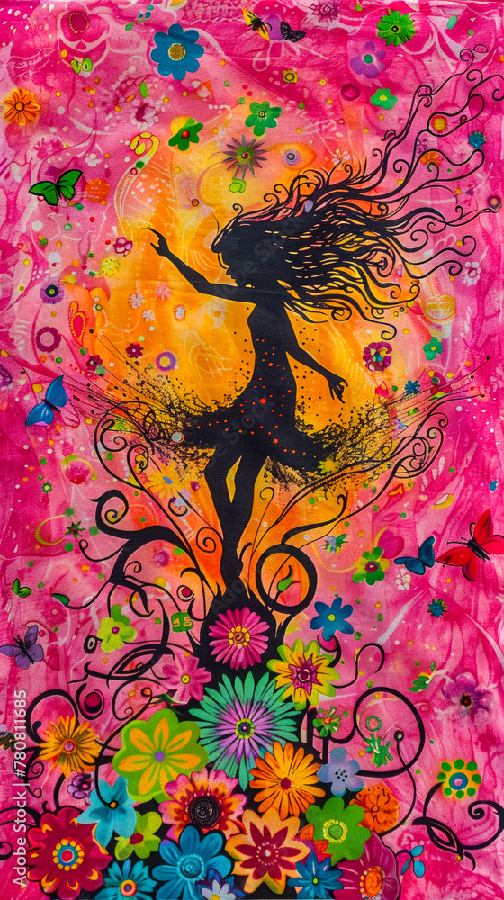 black silhouette of a dancing woman on a bunch of flowers flying all over on a pink background