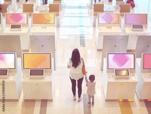 Young Mother and Child at Self-Service Kiosks in Bright Shopping Mall