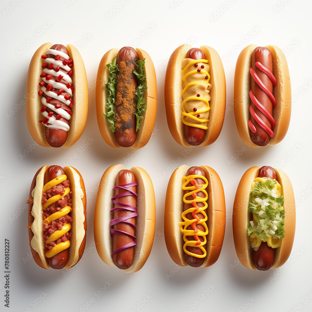 Colorful 3D hot dog icons set, 3D rendering, white background, isometric, C4D, Blender, clean, Pinterest, super detailed, behance, dribbble Colorful 3D hot dog icons set, 3D rendering, white background, isometric, C4D, Blender, clean, Pinterest, super detailed, behance, dribbble