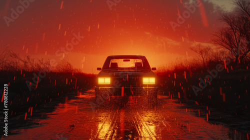 Shot of car with bright headlights piercing through rainy twilight