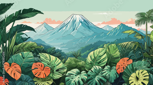 Tropical Scene With Mountain in Background vector, illustration, 2d