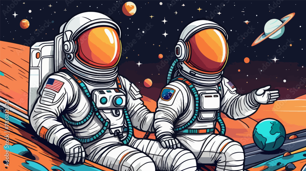 Two Astronauts Sitting on the Surface of a Planet vector, illustration, 2d Two Astronauts Sitting on the Surface of a Planet vector, illustration, 2d