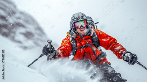 free space on the left corner for title banner with close up picture ultra realistic skier,