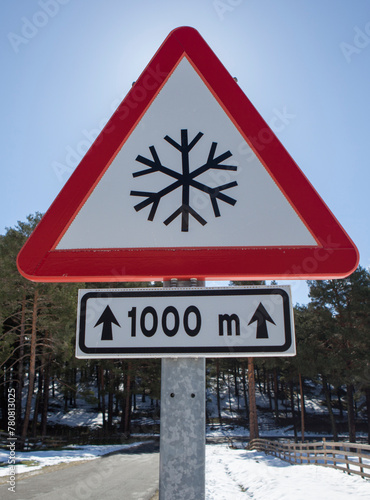 Snow road sign on a local mountain road