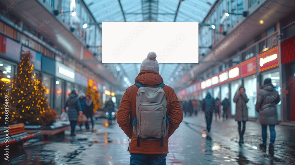 Blank clean screen or signboard mockup for offers or advertisement in public area, motion blur people on street.