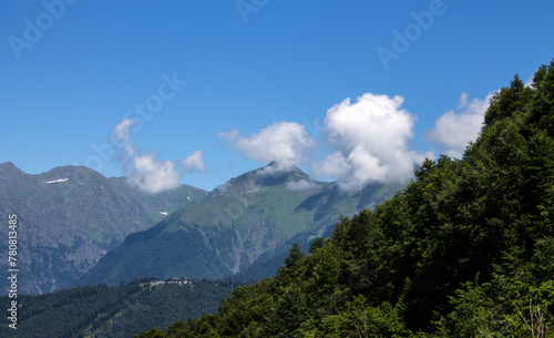 Beautiful panoramic landscape - the tops of green mountains among trees against a clear blue sky with white clouds on a sunny summer day in Krasnaya Polyana in Russia