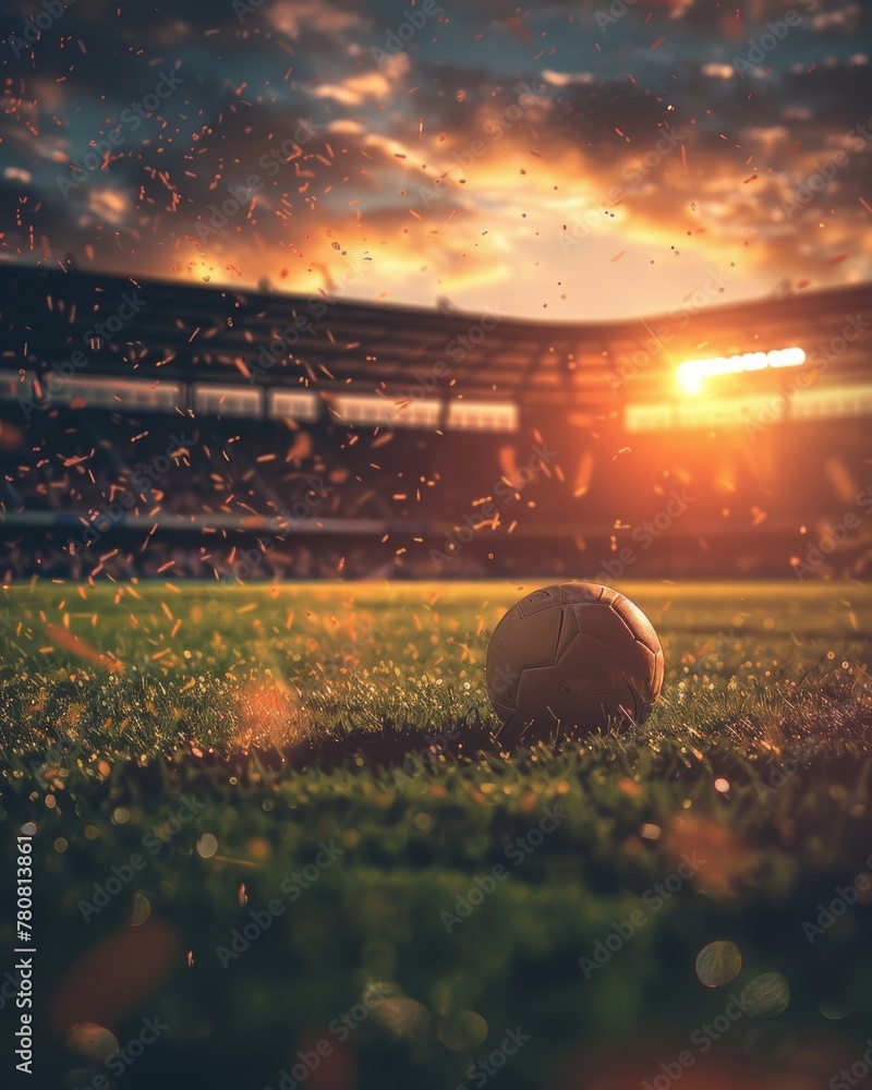 Soccer Ball on Stadium Grass at Sunset - Vibrant Sky
