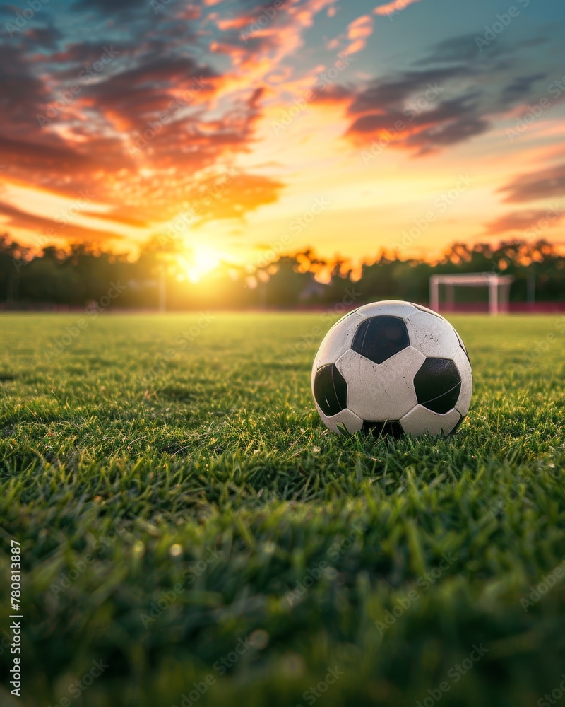 Fototapeta premium Soccer Ball on Stadium Grass at Sunset - Vibrant Sky