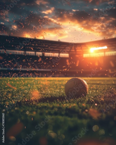 Obraz na płótnie Soccer Ball on Stadium Grass at Sunset - Vibrant Sky w salonie