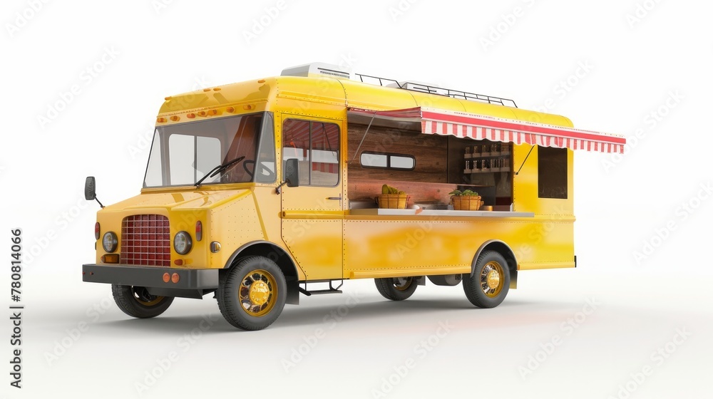A 3D rendering of a food truck isolated on a white background