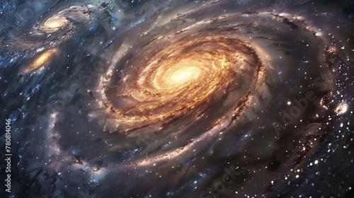 An artistic representation of a galaxy with swirling patterns and stars.