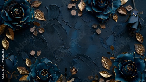 Dark blue roses with gold leaves on solid dark background - valentine's day card design background element with copy space.