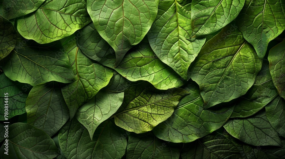 Fototapeta premium A detailed macro texture of leaves, focusing on the intricate patterns and lush greenery