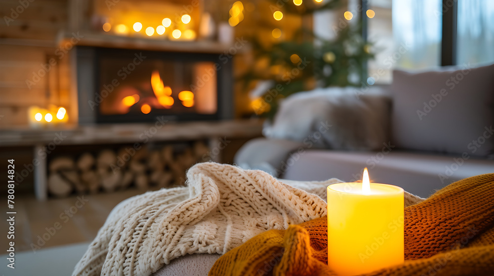 Cozy living room with fireplace and couch with focus on burning aromatherapy candle , romantic, love , blur background - obrazy, fototapety, plakaty 