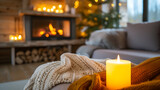 Cozy living room with fireplace and couch with focus on burning aromatherapy candle , romantic, love , blur background