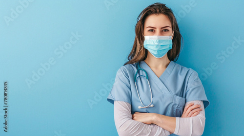 Female nurse standing arms crossed with mask isolated on blue background with copy space. Confident and gentle young woman doctor. woman power concept. photo