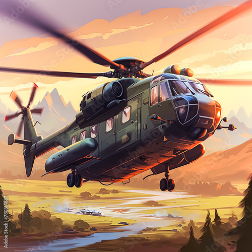 A helicopter is flying over a river and mountains. The scene is peaceful and serene, with the helicopter soaring high above the landscape