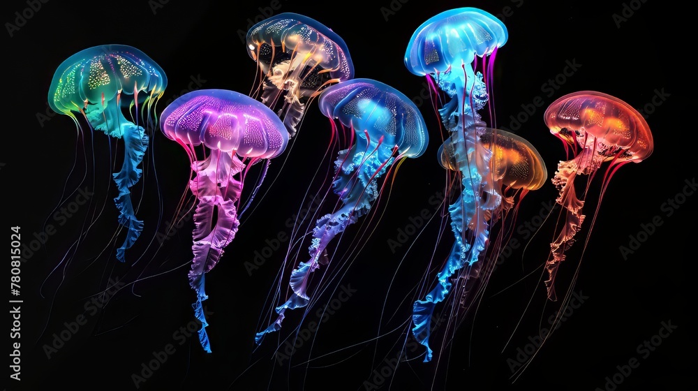 Group of luminescent jellyfish - isolated on black background - colorful underwater jelly fish gravefully dancing Group of luminescent jellyfish - isolated on black background - colorful underwater jelly fish gravefully dancing