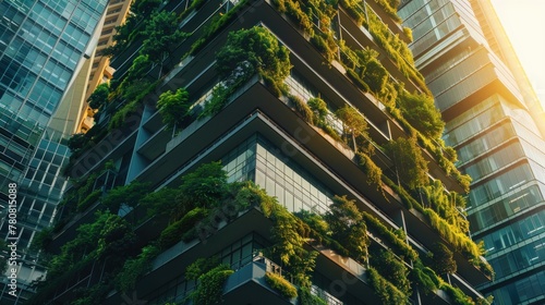A modern cityscape featuring a tree and a building with a lush vertical garden