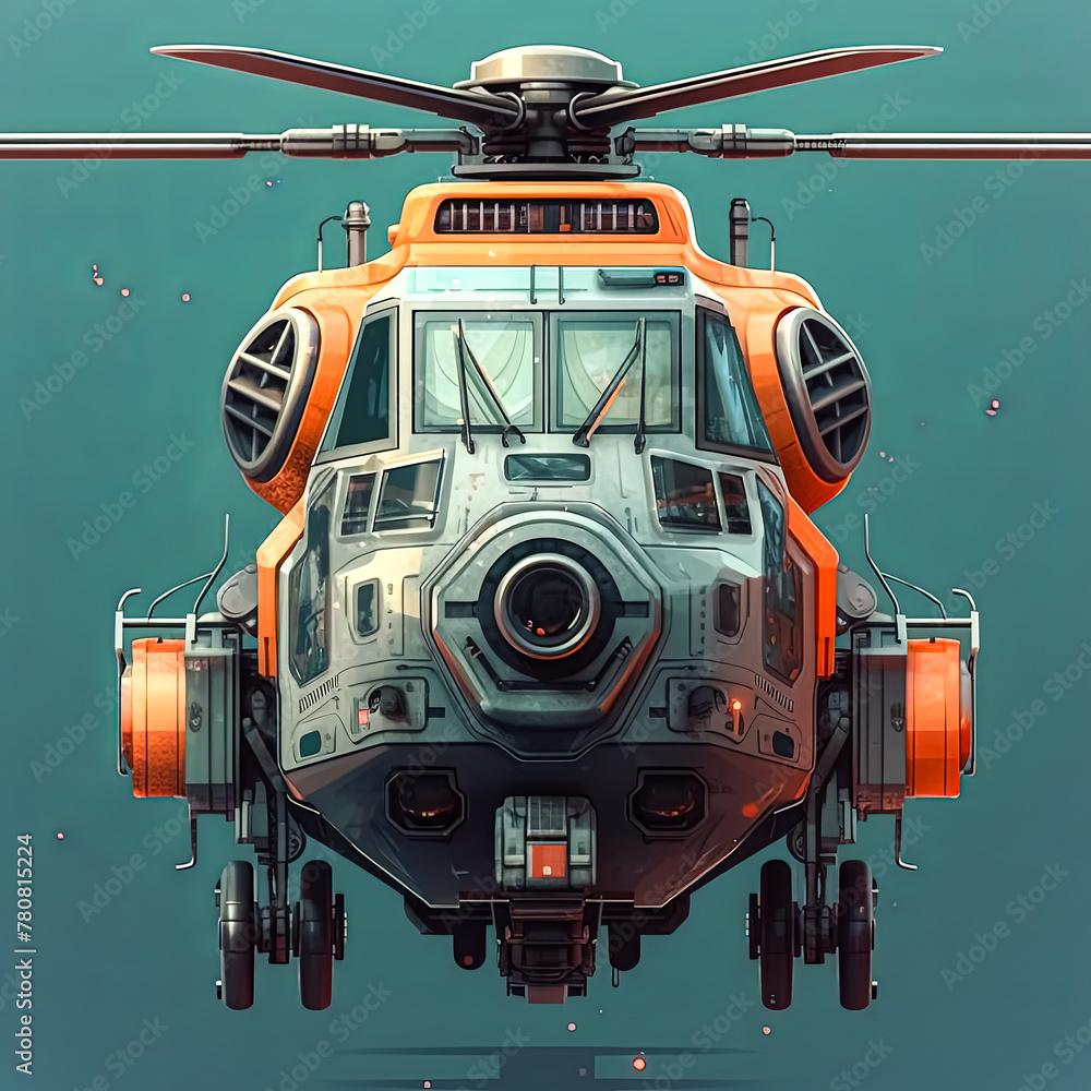 A large orange and silver helicopter with a black nose. The helicopter is designed to look like a futuristic aircraft A large orange and silver helicopter with a black nose. The helicopter is designed to look like a futuristic aircraft