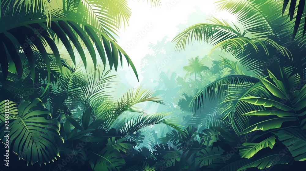 A vivid vector illustration of a horizontal tropical rainforest scene