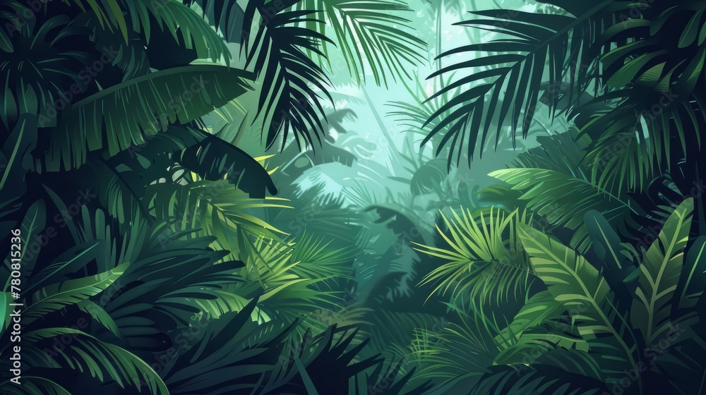 A vivid vector illustration of a horizontal tropical rainforest scene A vivid vector illustration of a horizontal tropical rainforest scene