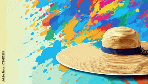 Ein Chapeau vor bunten Farbklecksen. Konzept: Sommer, Urlaub, Freizeit