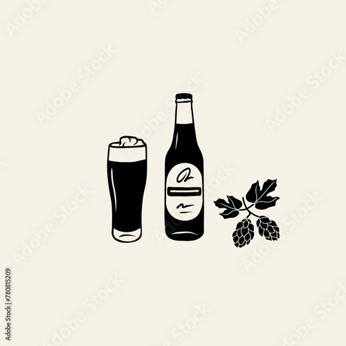 Line art doodle beer bottle, glass and hops