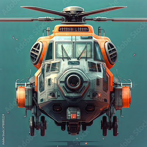 A large orange and silver helicopter with a black nose. The helicopter is designed to look like a futuristic aircraft
