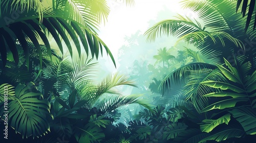 A vivid vector illustration of a horizontal tropical rainforest scene