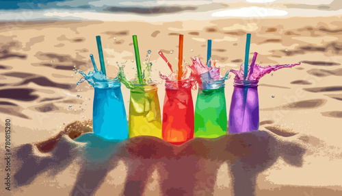 Fünf bunte Cocktailgläser mit Trinkstäbchen stehen im Sand. Urlaubsfeeling.