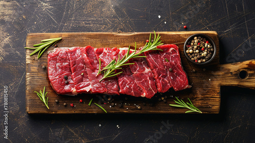 fresh raw steak meat on wooden board with rosemary and spice photo