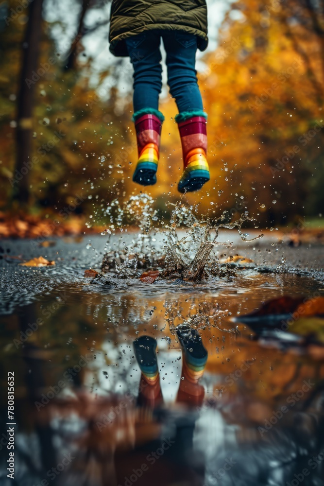 A child wearing vivid color rain boots jumping into puddles on the road, splashing water and creating ripples
A child wearing vivid color rain boots jumping into puddles on the road, splashing water and creating ripples