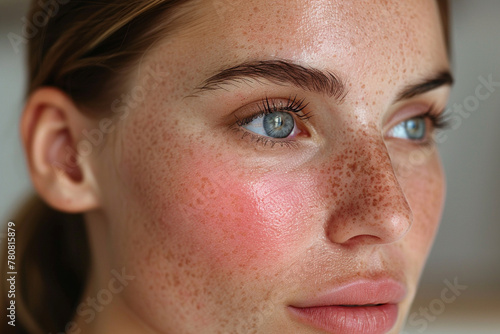 Portrait of a young woman with freckles and rosacea on her face